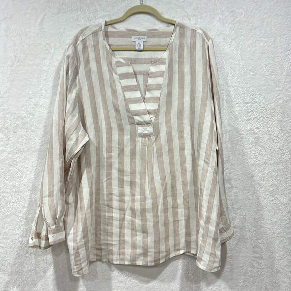 Antibes Blanc Linen Blouse 2X Tan Cream Striped